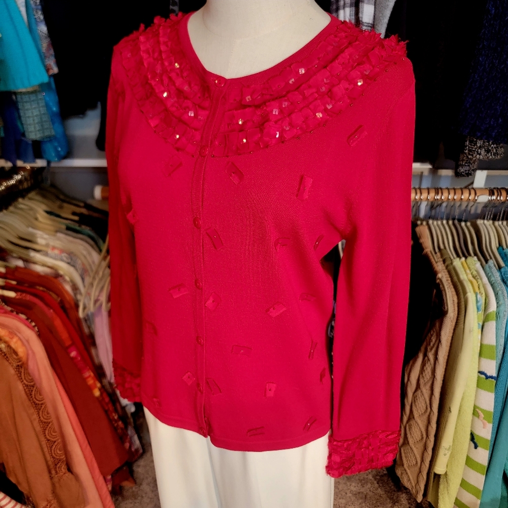 ANN TRINITY ♡ Gorgeous Red Ribbon Sequin Embellished Bling Button Front Blouse M